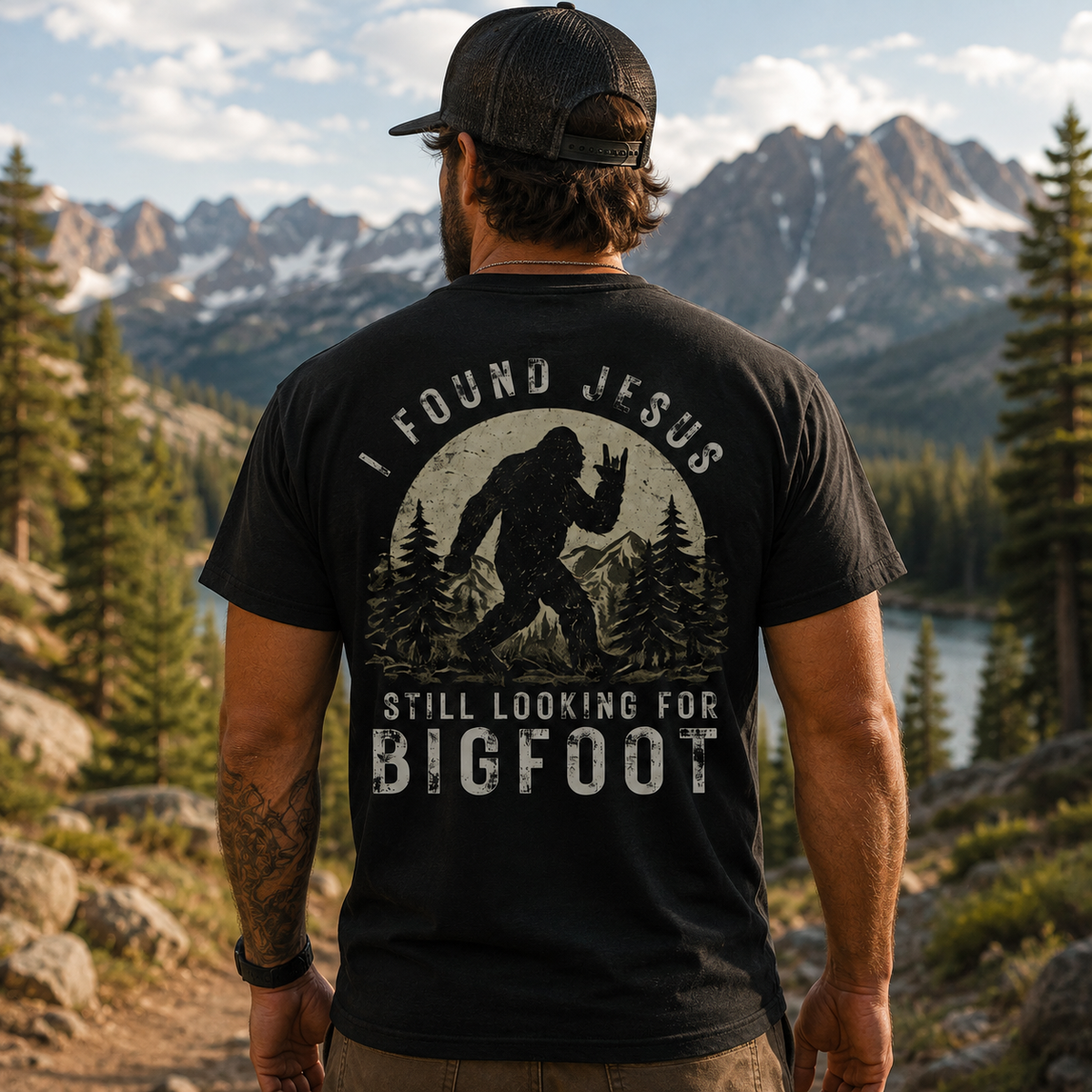I Found Jesus Still Looking For Bigfoot Shirt Funny Christian Graphic Tee Gift For Men