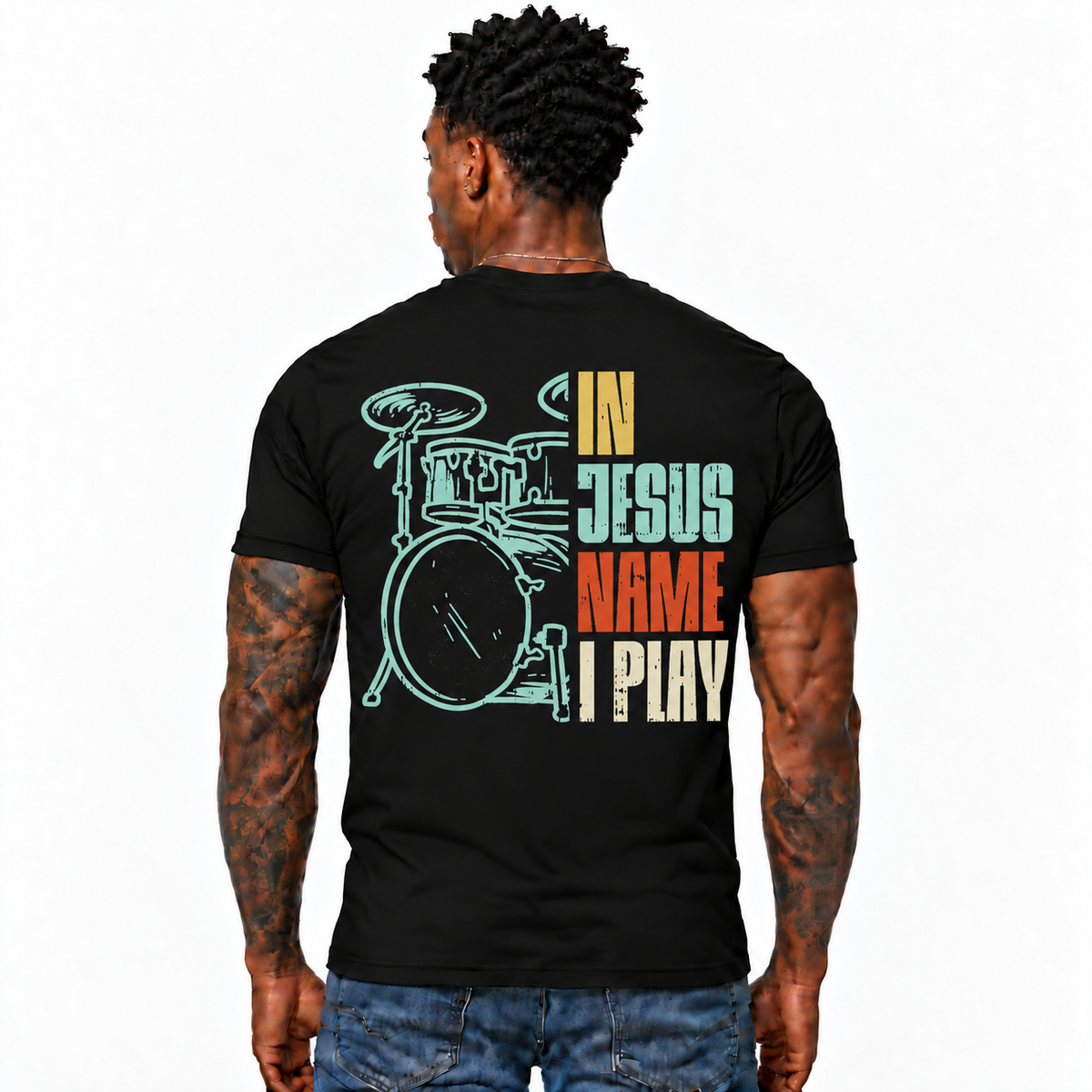 In Jesus Name I Play Drums Shirt Christian Drummer Graphic Tee for Men Faith Musician Gift