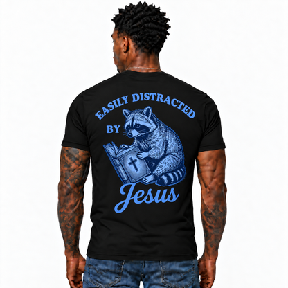 Easily Distracted By Jesus Raccoon Shirt Funny Christian Graphic Tee for Men Faith Gift
