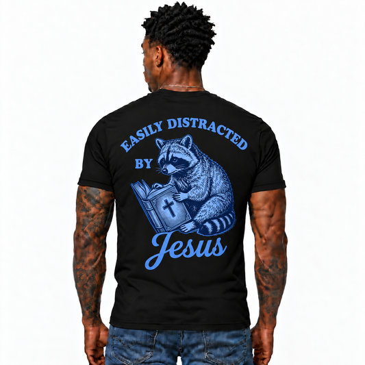 Easily Distracted By Jesus Raccoon Shirt Funny Christian Graphic Tee for Men Faith Gift