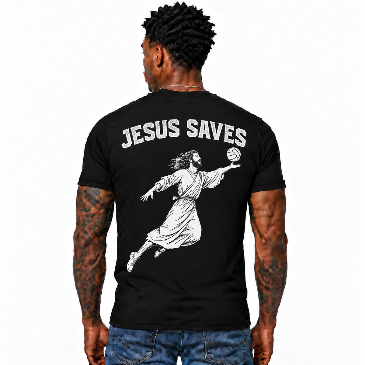 Jesus Saves Volleyball Shirt Christian Sports Graphic Tee for Men Faith Jesus Gift