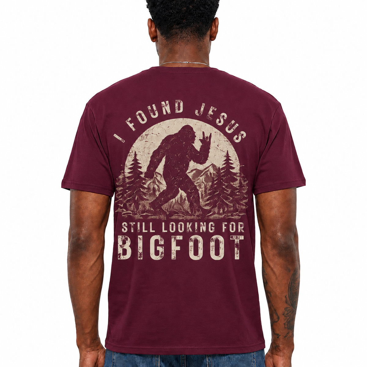 I Found Jesus Still Looking For Bigfoot Shirt Funny Christian Graphic Tee Gift For Men