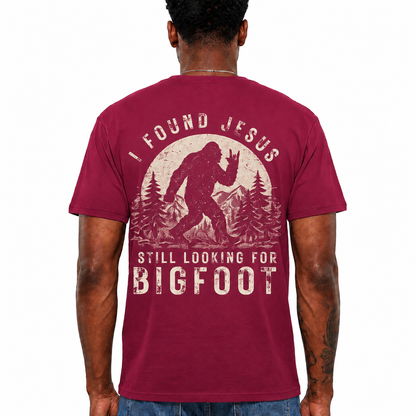 I Found Jesus Still Looking For Bigfoot Shirt Funny Christian Graphic Tee Gift For Men