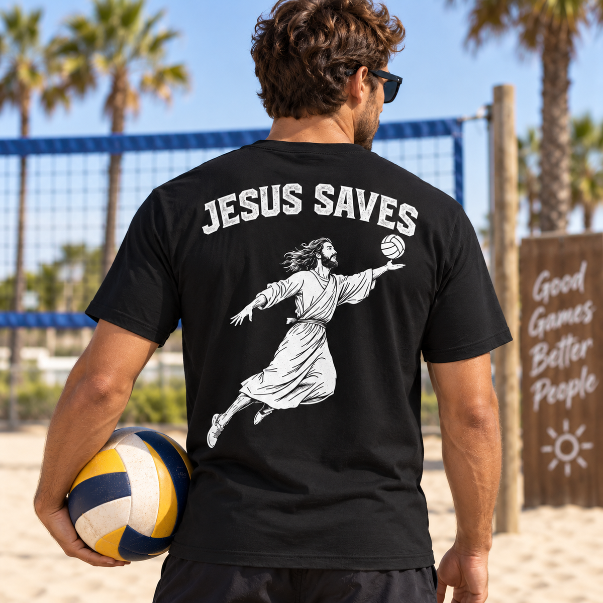Jesus Saves Volleyball Shirt Christian Sports Graphic Tee for Men Faith Jesus Gift