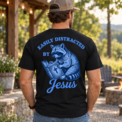 Easily Distracted By Jesus Raccoon Shirt Funny Christian Graphic Tee for Men Faith Gift