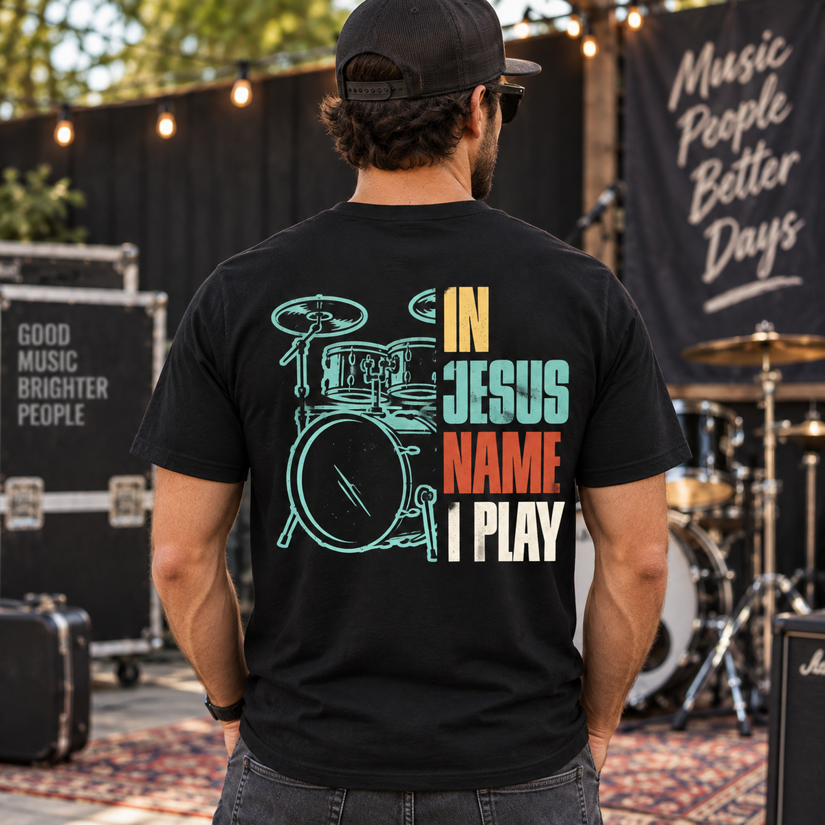 In Jesus Name I Play Drums Shirt Christian Drummer Graphic Tee for Men Faith Musician Gift