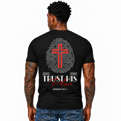 Trust His Plan Jeremiah 29:11 Shirt Christian Cross Fingerprint Graphic Tee for Men Faith Religious Bible Verse Gift