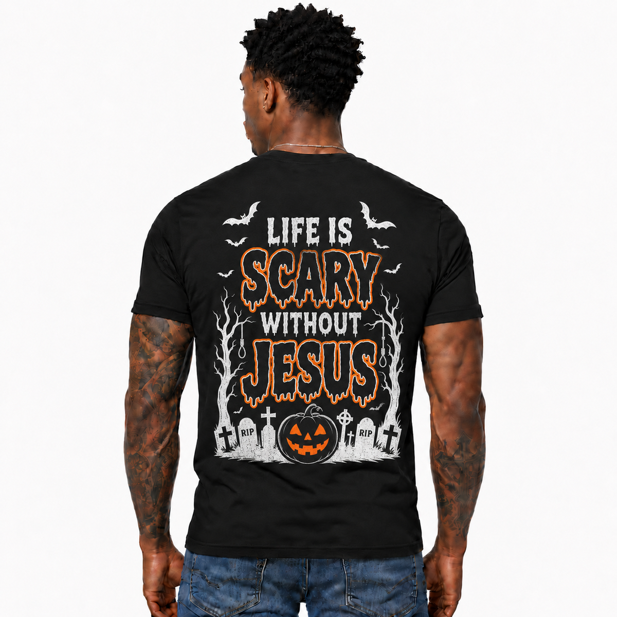 Life Is Scary Without Jesus Shirt Christian Halloween Pumpkin Graphic Tee Faith Gift for Men