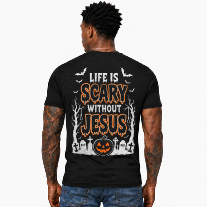 Life Is Scary Without Jesus Shirt Christian Halloween Pumpkin Graphic Tee Faith Gift for Men