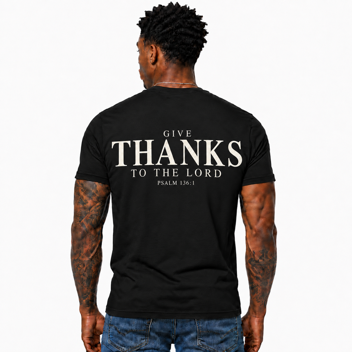 Give Thanks To The Lord Shirt Psalm 136:1 Christian Bible Verse Faith Graphic Tee Gift for Men