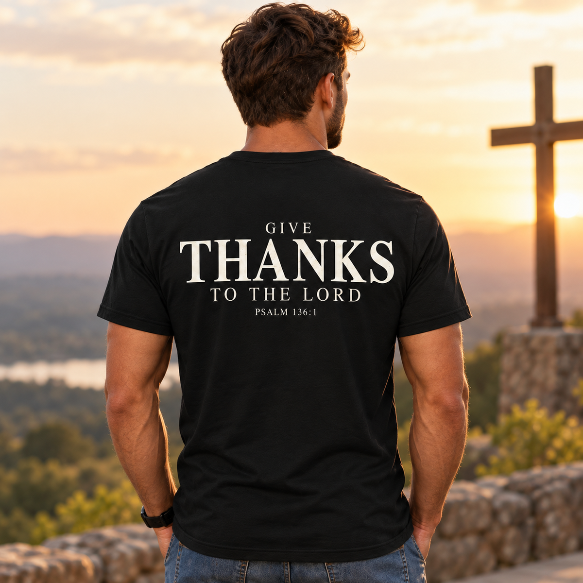 Give Thanks To The Lord Shirt Psalm 136:1 Christian Bible Verse Faith Graphic Tee Gift for Men