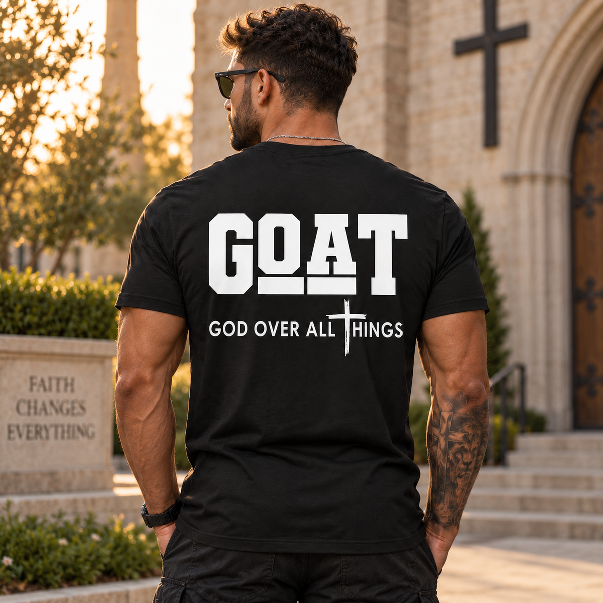 GOAT God Over All Things Shirt Christian Cross Faith Graphic Tee for Men Religious Gift
