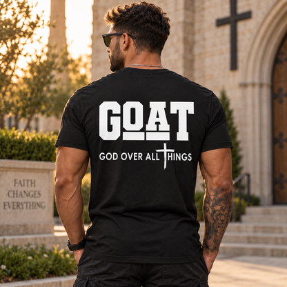 GOAT God Over All Things Shirt Christian Cross Faith Graphic Tee for Men Religious Gift