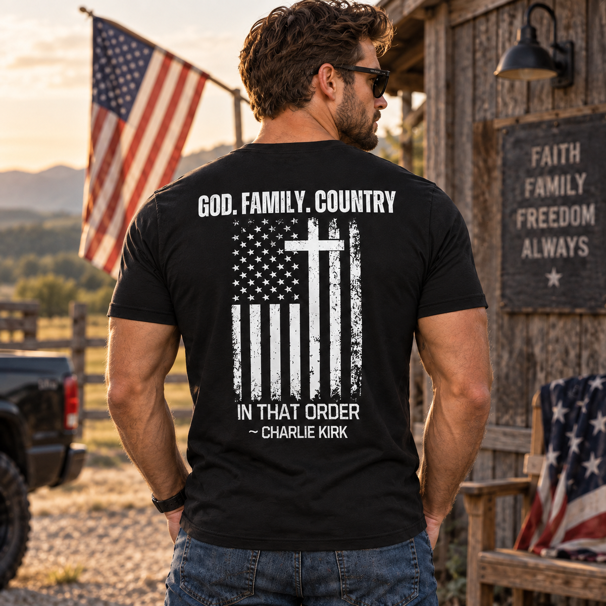 God Family Country In That Order Shirt Charlie Kirk Quote Patriotic Christian Graphic Tee for Men