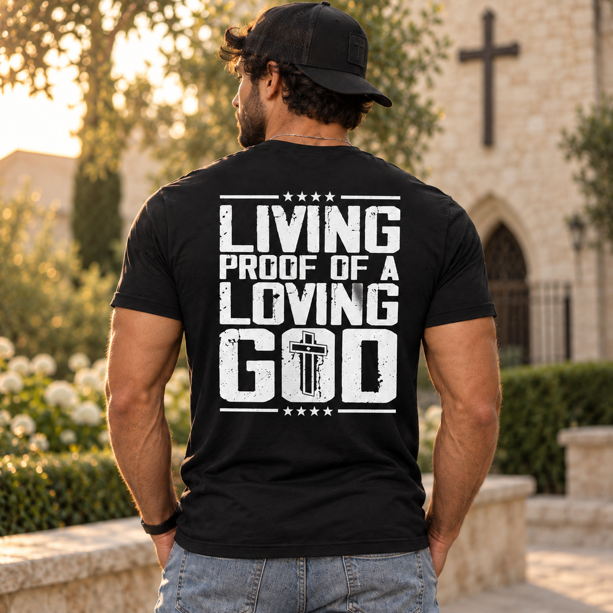 Living Proof Of A Loving God Shirt Christian Cross Faith Graphic Tee for Men Religious Gift