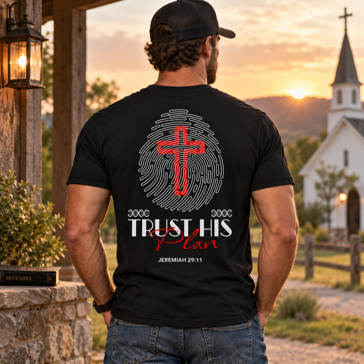 Trust His Plan Jeremiah 29:11 Shirt Christian Cross Fingerprint Graphic Tee for Men Faith Religious Bible Verse Gift