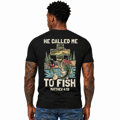 He Called Me To Fish Shirt Matthew 4:19 Christian Fishing Cross Bible Verse Graphic Tee for Men