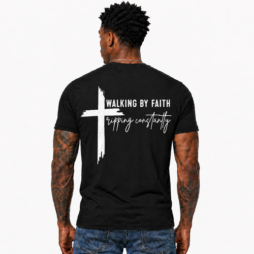 Walking By Faith Tripping Constantly Shirt Funny Christian Cross Graphic Tee Faith Humor Gift for Men