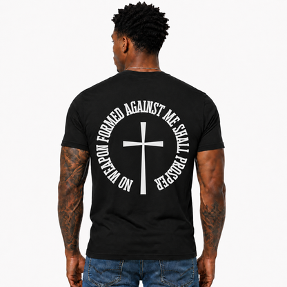 No Weapon Formed Against Me Shall Prosper Shirt Isaiah 54:17 Christian Cross Graphic Tee for Men