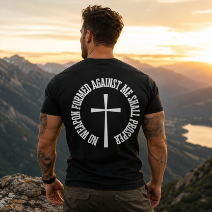 No Weapon Formed Against Me Shall Prosper Shirt Isaiah 54:17 Christian Cross Graphic Tee for Men