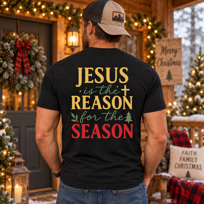 Jesus Is The Reason For The Season Shirt Christian Christmas Graphic Tee Faith Holiday Gift for Men