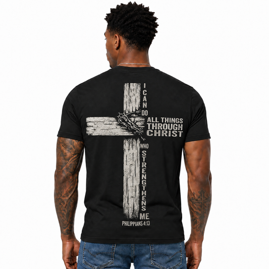 I Can Do All Things Through Christ Shirt Philippians 4:13 Christian Cross Graphic Tee for Men