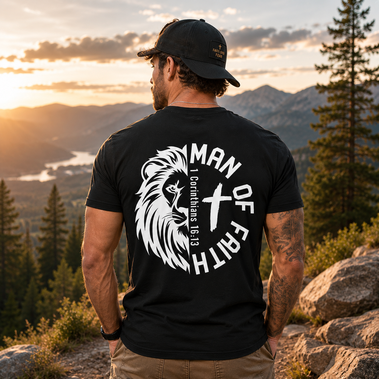Man of Faith Shirt 1 Corinthians 16:13 Christian Lion Cross Graphic Tee for Men