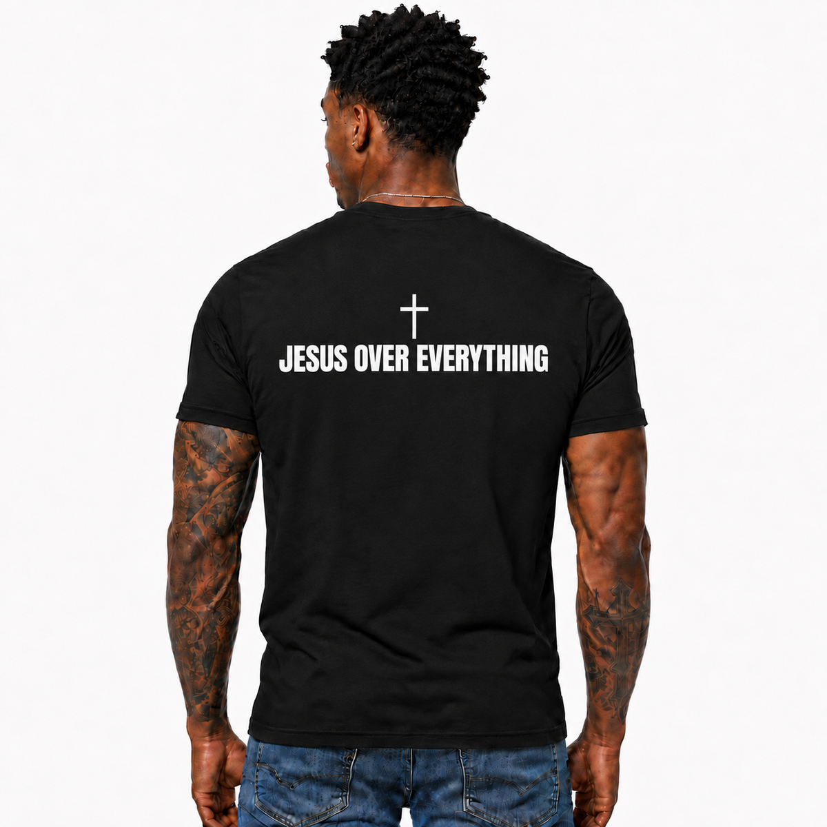Jesus Over Everything Shirt Christian Cross Faith Graphic Tee Religious Bible Gift for Men