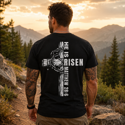 He Is Risen Shirt Matthew 28:6 Christian Easter Cross Graphic Tee for Men