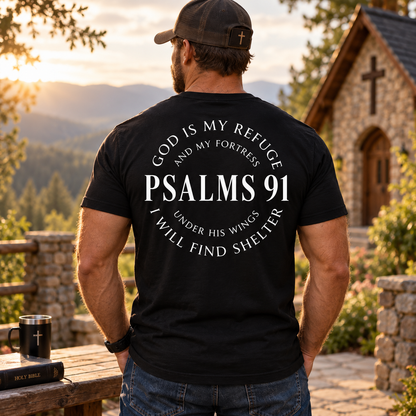 God Is My Refuge And My Fortress Shirt Psalms 91 Christian Bible Verse Faith Graphic Tee for Men