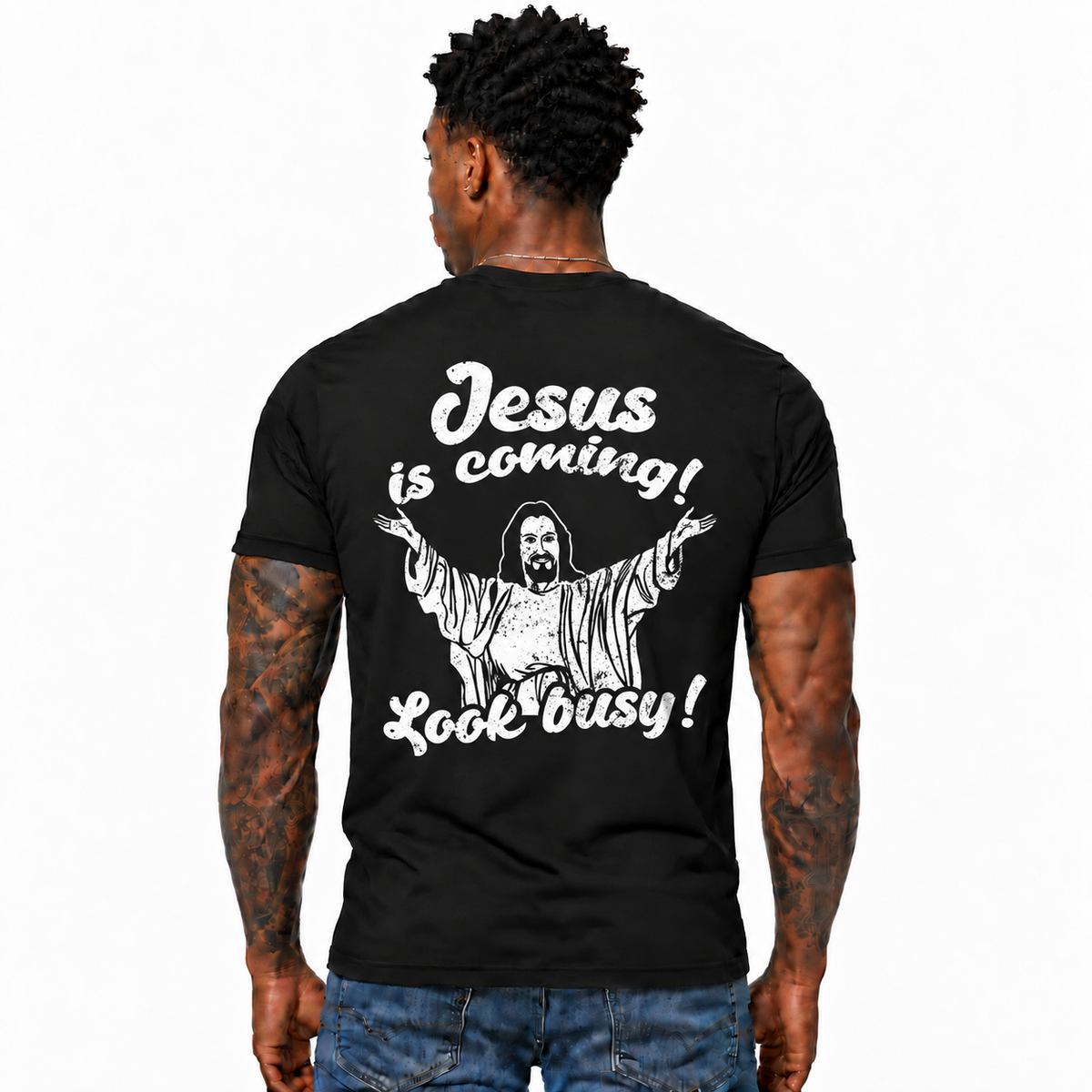 Jesus Is Coming Look Busy Shirt Funny Christian Graphic Tee for Men Faith Religious Humor Gift