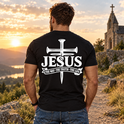 Jesus The Way The Truth The Life Shirt John 14:6 Christian Cross Bible Verse Graphic Tee Religious Gift for Men