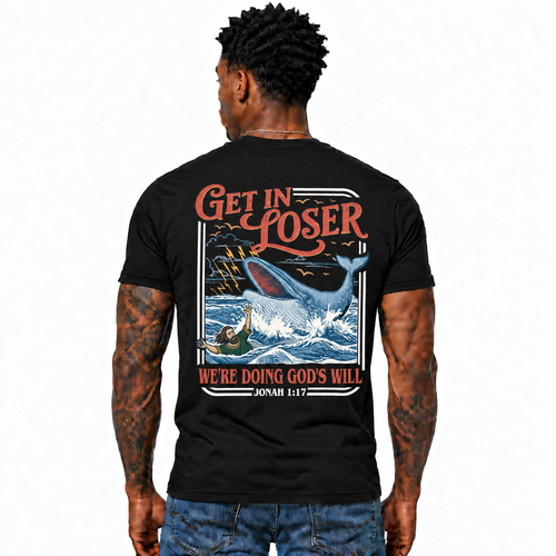 Get In Loser We’re Doing God’s Will Shirt Jonah 1:17 Christian Whale Graphic Tee Funny Faith Gift for Men