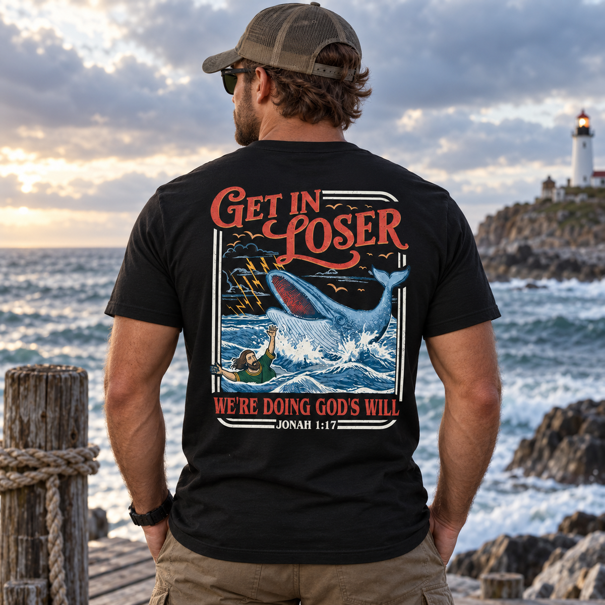 Get In Loser We’re Doing God’s Will Shirt Jonah 1:17 Christian Whale Graphic Tee Funny Faith Gift for Men