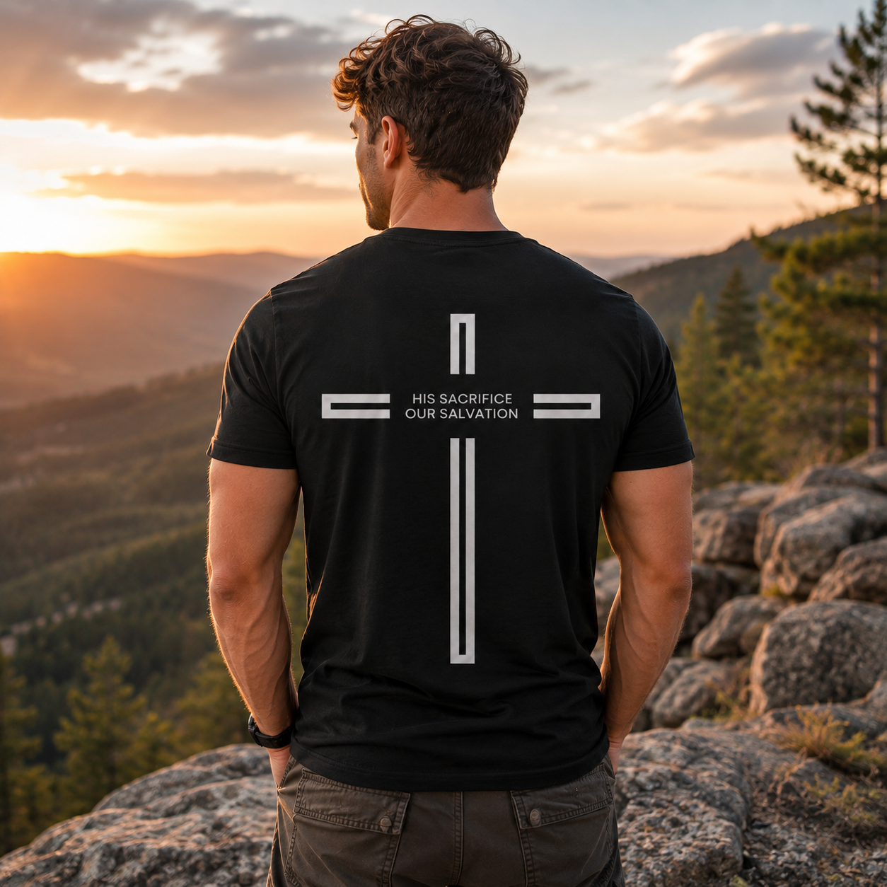 His Sacrifice Our Salvation Shirt Christian Cross Graphic Tee Faith T-Shirt for Men