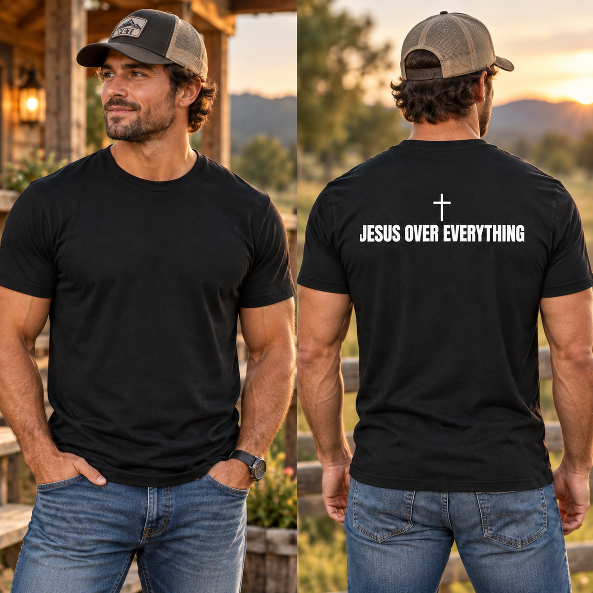 Jesus Over Everything Shirt Christian Cross Faith Graphic Tee Religious Bible Gift for Men