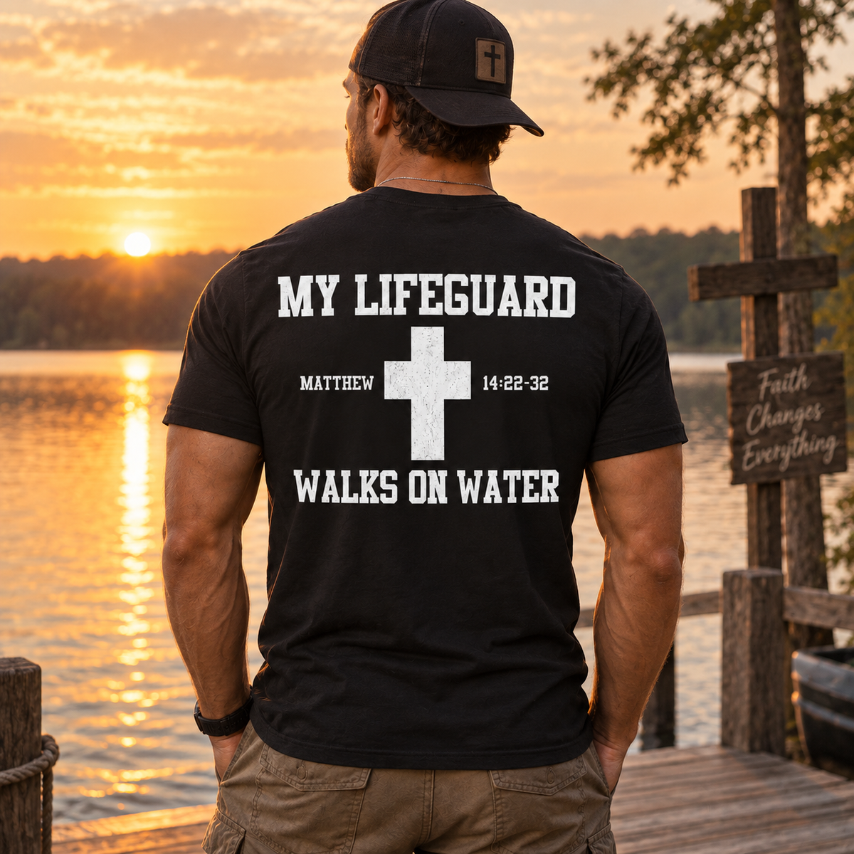 My Lifeguard Walks On Water Shirt Matthew 14:22-32 Christian Cross Bible Verse Graphic Tee for Men