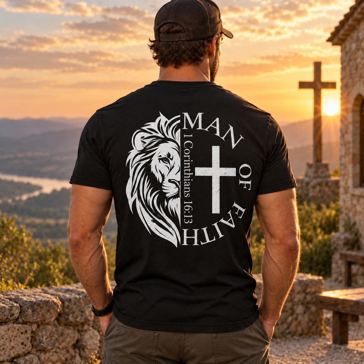 Man of Faith Shirt 1 Corinthians 16:13 Christian Lion Cross Bible Verse Graphic Tee for Men