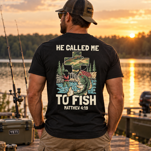 He Called Me To Fish Shirt Matthew 4:19 Christian Fishing Cross Bible Verse Graphic Tee for Men