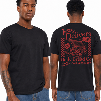 Jesus Delivers Daily Bread Shirt Vintage Christian Pizza Graphic Tee for Men
