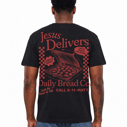 Jesus Delivers Daily Bread Shirt Vintage Christian Pizza Graphic Tee for Men