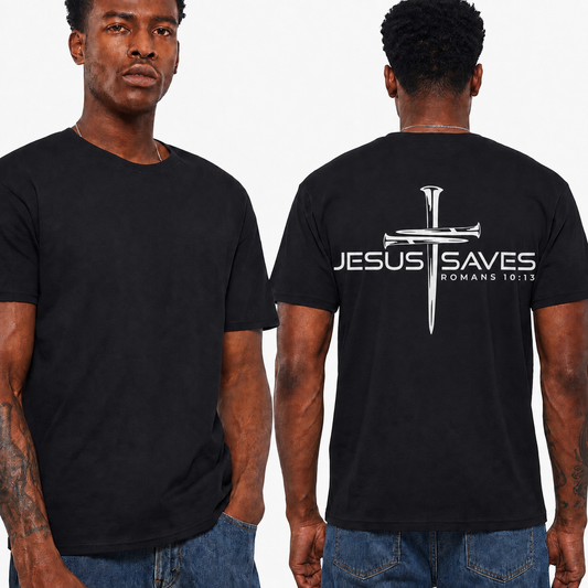 Jesus Saves Romans 10:13 Shirt Christian Cross Graphic Tee Faith Bible Verse T-Shirt for Men