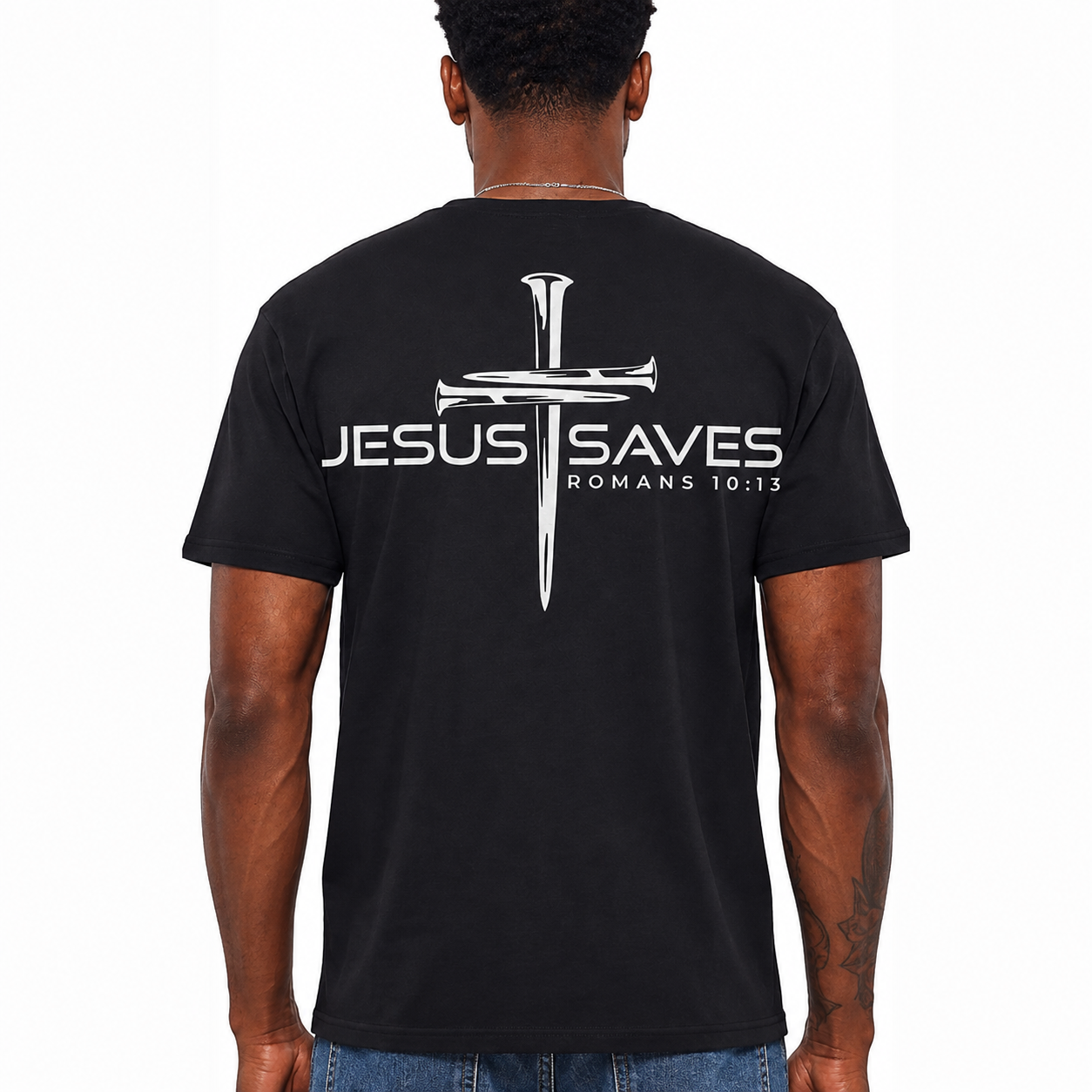 Jesus Saves Romans 10:13 Shirt Christian Cross Graphic Tee Faith Bible Verse T-Shirt for Men