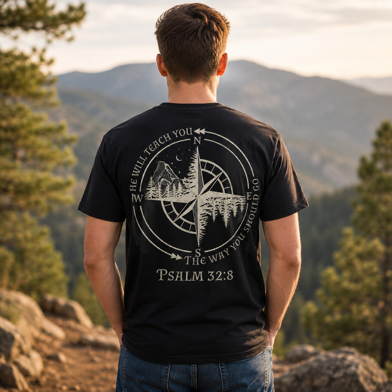 Psalm 32:8 Shirt Christian Compass Graphic Tee Faith Bible Verse T-Shirt for Men
