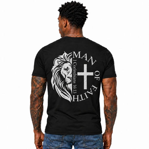 Man of Faith Shirt 1 Corinthians 16:13 Christian Lion Cross Bible Verse Graphic Tee for Men