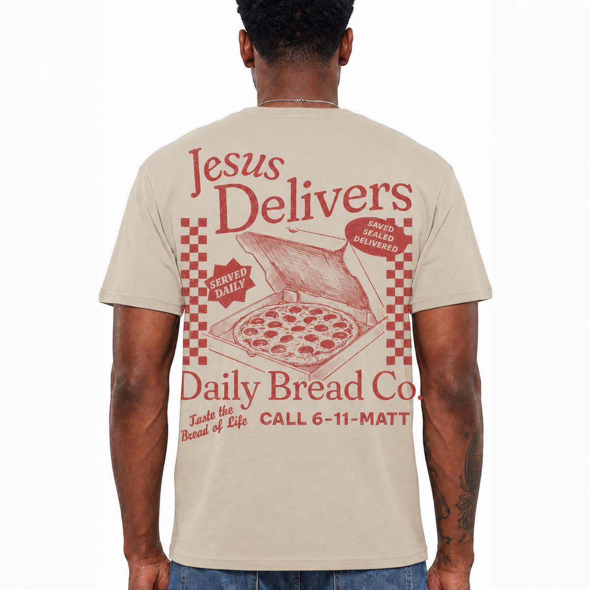 Jesus Delivers Daily Bread Shirt Vintage Christian Pizza Graphic Tee for Men