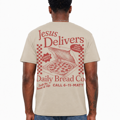 Jesus Delivers Daily Bread Shirt Vintage Christian Pizza Graphic Tee for Men