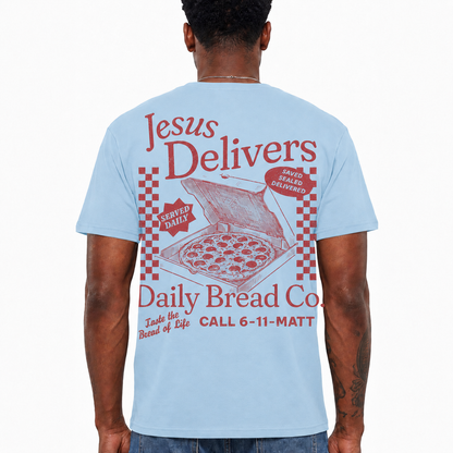 Jesus Delivers Daily Bread Shirt Vintage Christian Pizza Graphic Tee for Men