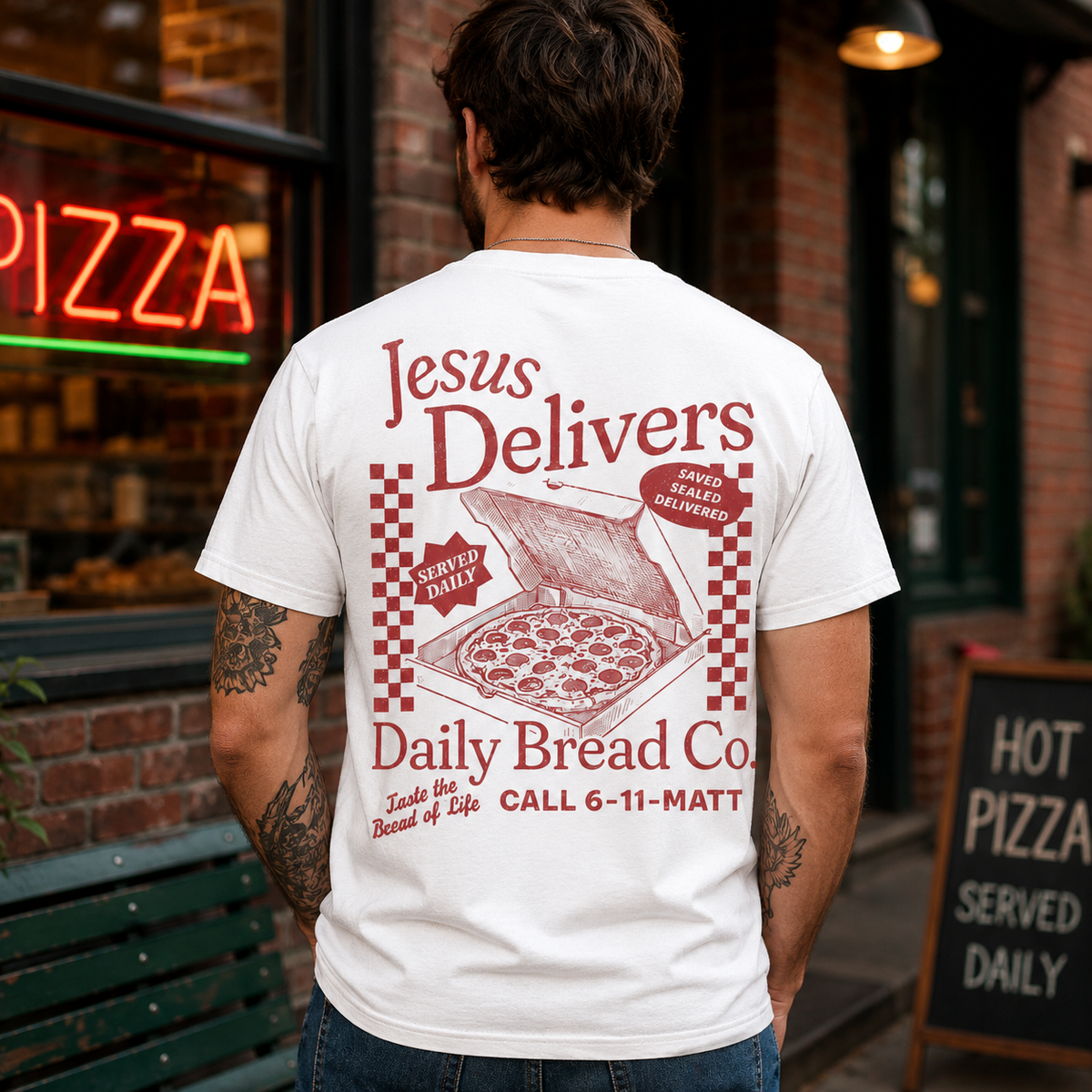 Jesus Delivers Daily Bread Shirt Vintage Christian Pizza Graphic Tee for Men