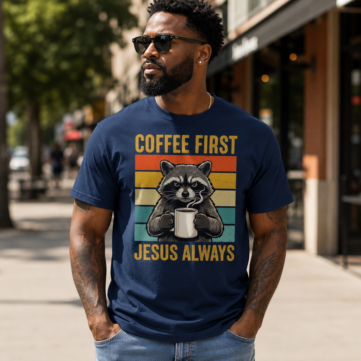 Coffee First Jesus Always Shirt Funny Raccoon Graphic Tee Christian Coffee Lover Gift